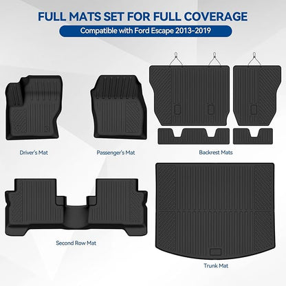 Custom Fit Floor Mats for Ford Escape 2013-2019, All Weather TPE Floor Liners with Trunk Mat & Backrest Protectors, Odorless Full Set Interior Accessories