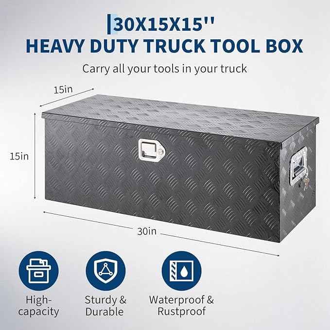 Aluminum Truck Bed Tool Box 30'', Lockable Pickup Toolbox with Gas Lift Lid, Large Storage Chest with Organizer for Small Parts, Weatherproof Heavy Duty Steel Aluminum Tool Box for Work Truck, RV