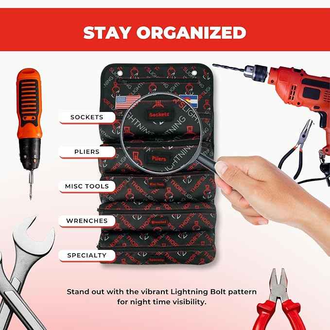 Thor's Lightning Air Systems Universal Heavy Duty Tool Bag Roll, Organizer for Tools with 7 Labeled & Detachable Compartments, Suitable for Travel Tool Storage Kit for Car, Truck, UTV, 4x4 Offroad