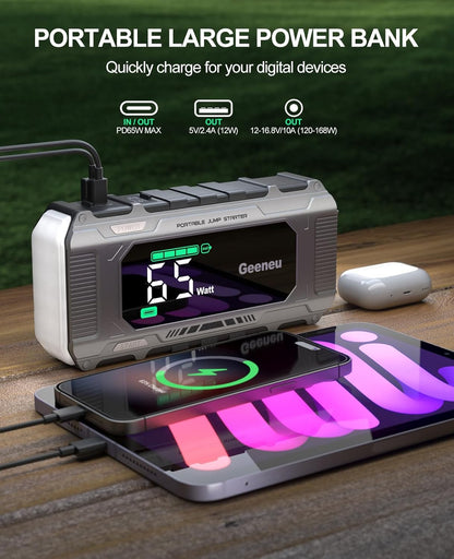 Car Jump Starter Battery Jumper Pack 8000A 65W PD Fast Charging, Portable 12V Car Battery Charger Booster Jump Box (All Gas/12.0L Diesel), Power Vehicle Jumper with Large Screen,150W DC, Lights