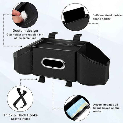 7-In-1 Car Seat Back Organizer with Cup Holders, Tissue Box, Garbage Can&Hooks, Multifunctional Headrest Storage Organizer, Headrest Cup Holder for Backseat, Car Accessories for Trips, Travels(Black)