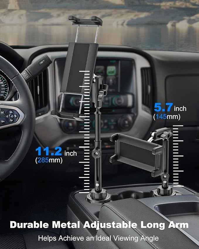 iPad Cup Holder Car Mount Heavy Duty [Height Adjust] Metal Long Arm Cup Holder Tablet Mount for Car, Truck, Compatible with 4.7-13" iPad Pro Air Mini, Galaxy Tab, iPhone, Cell Phone