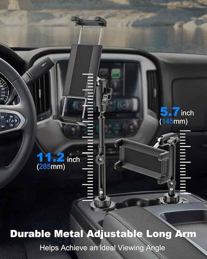 iPad Cup Holder Car Mount Heavy Duty [Height Adjust] Metal Long Arm Cup Holder Tablet Mount for Car, Truck, Compatible with 4.7-13" iPad Pro Air Mini, Galaxy Tab, iPhone, Cell Phone
