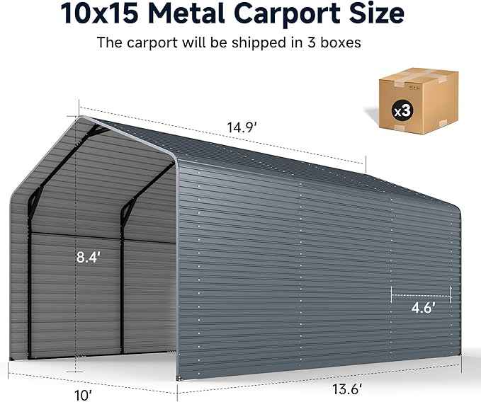 10x15FT Heavy Duty Metal Carport,Outdoor Garage with Metal Side Panels, Enclosed Car Ports with Heavy Duty Steel Frame and Galvanized Roof for Cars and Boats, Equipment Storage,Tools, Gray