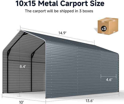 10x15FT Heavy Duty Metal Carport,Outdoor Garage with Metal Side Panels, Enclosed Car Ports with Heavy Duty Steel Frame and Galvanized Roof for Cars and Boats, Equipment Storage,Tools, Gray