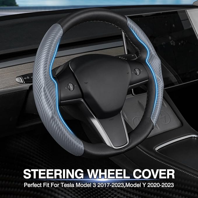 Steering Wheel Cover for Telsa Model 3/Model Y Accessories Carbon Fiber Steering Wheel Cover Protector Anti-Slip, Comfortable Grip, Breathable, Model 3/Y Accessories, Grey