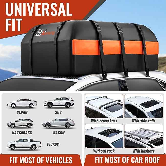 Car Rooftop Cargo Carrier Bag, Asinking 22 Cubic Feet Waterproof Tear-Resistant Car Roof Bag for All Vehicle with/Without Racks - Non-Slip Mat, 6 Door Hooks, 2 Extra Straps, Luggage Lock