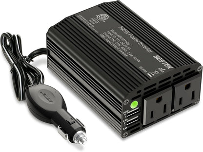 BESTEK 300W Power Inverter DC 12V to 110V AC, Durable Aluminum Housing Car Charger Adapter with 4.8A Dual USB Fast Charging Port, Car Plug in Cigarette Lighter Outlet for Phone, Laptop