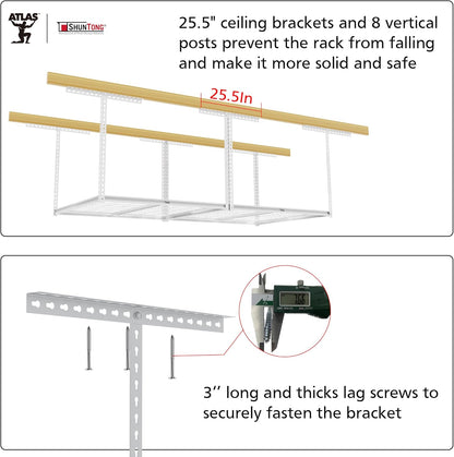 The Atlas 4 x 8 ft Adjustable Height Overhead Garage Storage Rack 900 lbs Heavy Duty Capacity White