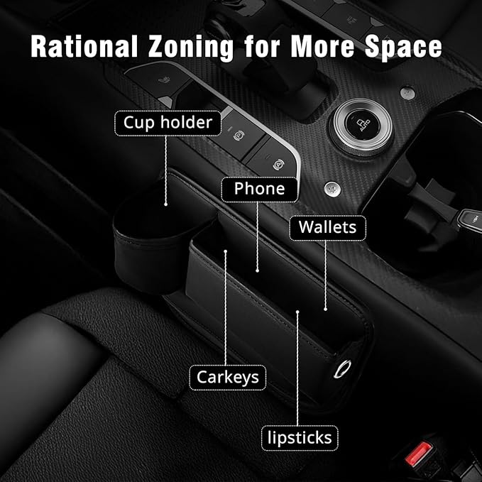2 Pack Leather Car Seat Gap Filler Organizer for Tesla Model Y 2020-2026, with Cup Holder Universal Adjustable Storage Box Auto Interior Accessories Driver Passenger Seat, Beige