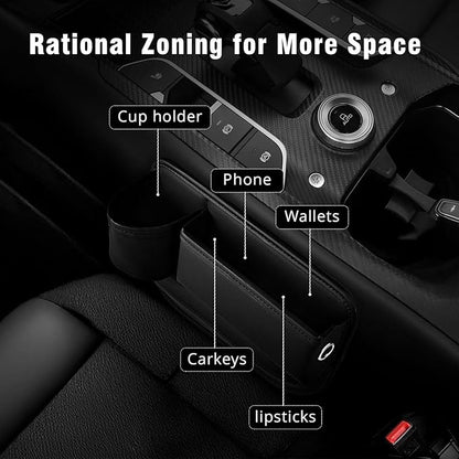 2 Pack Leather Car Seat Gap Filler Organizer for Tesla Model Y 2020-2026, with Cup Holder Universal Adjustable Storage Box Auto Interior Accessories Driver Passenger Seat, Beige