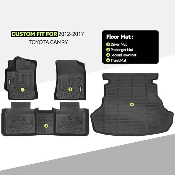 Tongama-Floor Mats for 2012-2017 Toyota Camry, All Weather TPE Floor Liners and Trunk Mat Protectors for Toyota Camry Interior Waterproof Accessories