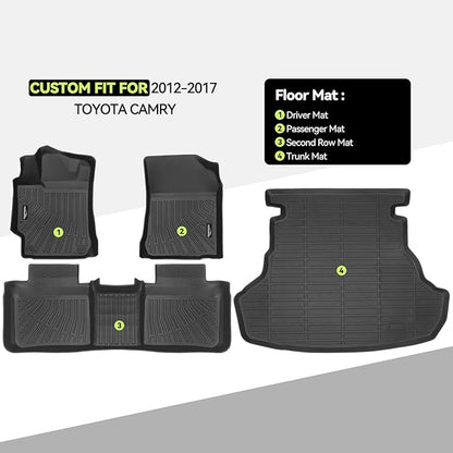 Tongama-Floor Mats for 2012-2017 Toyota Camry, All Weather TPE Floor Liners and Trunk Mat Protectors for Toyota Camry Interior Waterproof Accessories