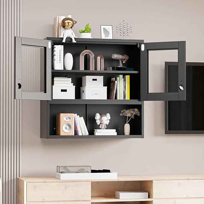 VINGLI Metal Wall Cabinet with Locking Glass Doors & Magnetic LED Sensor Light, Adjustable Shelf, Wall Mounted Storage Display Cabinets for Garage, Kitchen, Home Office, Warehouse, Living Room, Black