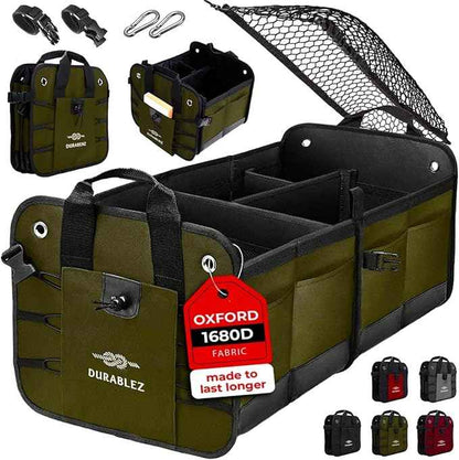 Heavy Duty Foldable Trunk Organizer 2-Section – Dual-Compartment Car Cargo Box with Non-Slip Pads & Removable Dividers – Green