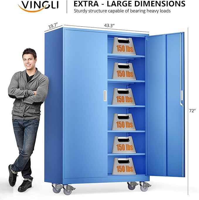 VINGLI Large Metal Storage Cabinet with 2 Doors and 5 Adjustable Shelves, Upgraded Height & Wide & Deep, 43''W x 20''D x 72''H, Oversized Garage Storage Cabinet with Wheels and Locks (Blue)