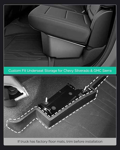 Truck Underseat Storage for Silverado Sierra: 2019-2026 Crew/Double Cab, Rear Under Seat Organizer Tool Box Car Accessory for Chevy Silverado & GMC Sierra 1500 2500HD 3500HD (w/ Detach Bin & Mesh Net)