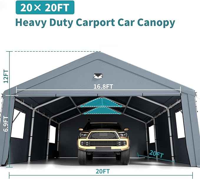20X20 FT Carports Heavy Duty,Car Port with Removable Side Wall,Carport Canopy,Portable Car Port Garage,Car Shelter All Weather,Gray