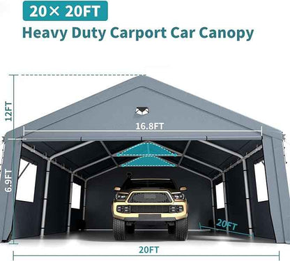 20X20 FT Carports Heavy Duty,Car Port with Removable Side Wall,Carport Canopy,Portable Car Port Garage,Car Shelter All Weather,Gray