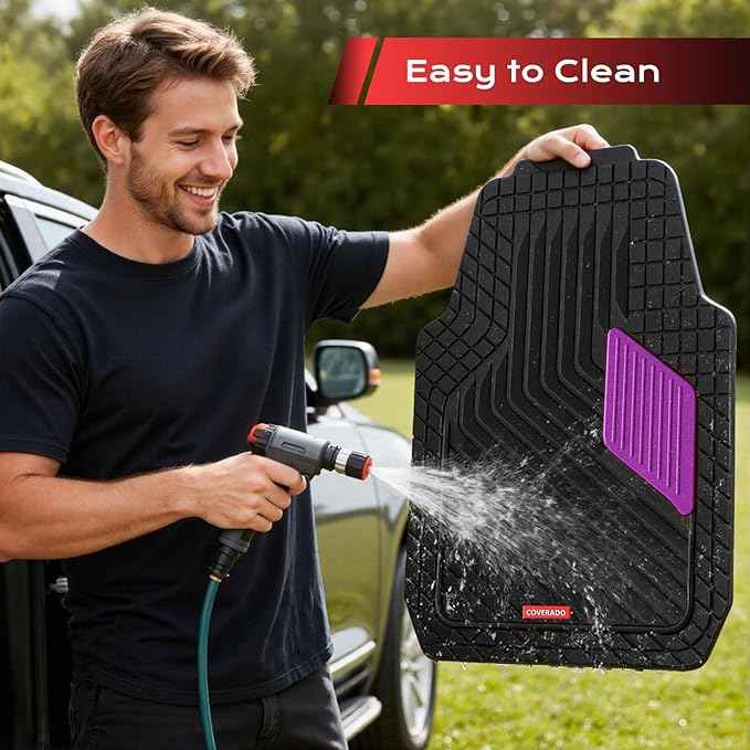 Coverado Car Floor Mats Full Set – Heavy-Duty PVC Floor Mats with Purple Metallic Heel Pad, All-Weather Protection for Front & Rear, Non-Slip Backing, Easy-Clean Interior Liners