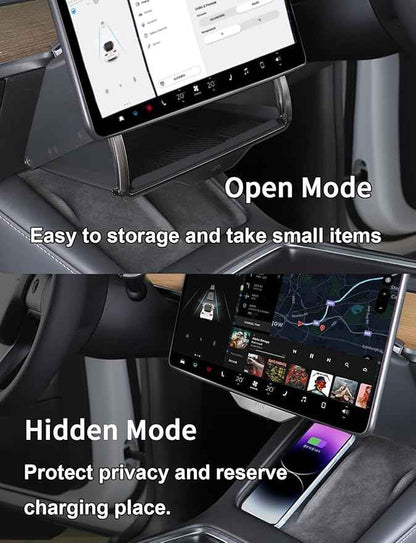 for Tesla Model Y 3 (Juniper & Highland Included) Under Screen Storage Shelf Organizer Tray Box Open-Close Hidden Center Console Organizer for Model Y 2020-2026 & Model 3 2017-2025 Accessories