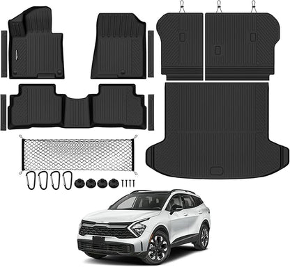 Tongama-Floor Mats for 2023-2025 Kia Sportage Hybrid, All Weather TPE Trunk Mat and Backrest Mats Protector and Cargo Net and Door Sill Guards for Kia Sportage Floor Liner Accessories
