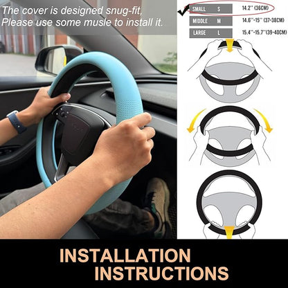 PINCTROT Nappa Leather Steering Wheel Cover for Tesla Model Y/3 Highland/Juniper, D Shaped 14 Inch Small Sized with Breathable Perforation, Fit Like Gloves, Flat Bottom 14 Inch(Nappa Aqua)