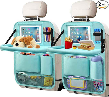 Backseat Car Organizer with Tablet Holder, 6 Storage Pockets Car Storage Organizer with Foldable Food Tray, Kick Mats Travel Accessories, 2 Pack BLue