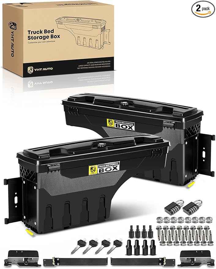YHTAUTO Set of 2 Truck Bed Storage Tool box Lockable Compatible with 2002-2018 Dodge Ram 1500 2500 3500, Not Fit Rambox, Swing Waterproof Wheel Well Toolbox