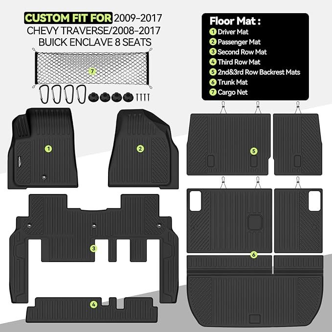 Tongama-Floor Mats for 2009-2017 Chevy Traverse/2008-2017 Buick Enclave 8 Seat with Bench Seats, All Weather TPE Trunk Mat & 2nd/3rd Row Backrest Mats & Cargo Net for Traverse Floor Liner Accessories
