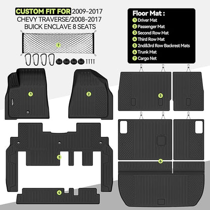 Tongama-Floor Mats for 2009-2017 Chevy Traverse/2008-2017 Buick Enclave 8 Seat with Bench Seats, All Weather TPE Trunk Mat & 2nd/3rd Row Backrest Mats & Cargo Net for Traverse Floor Liner Accessories