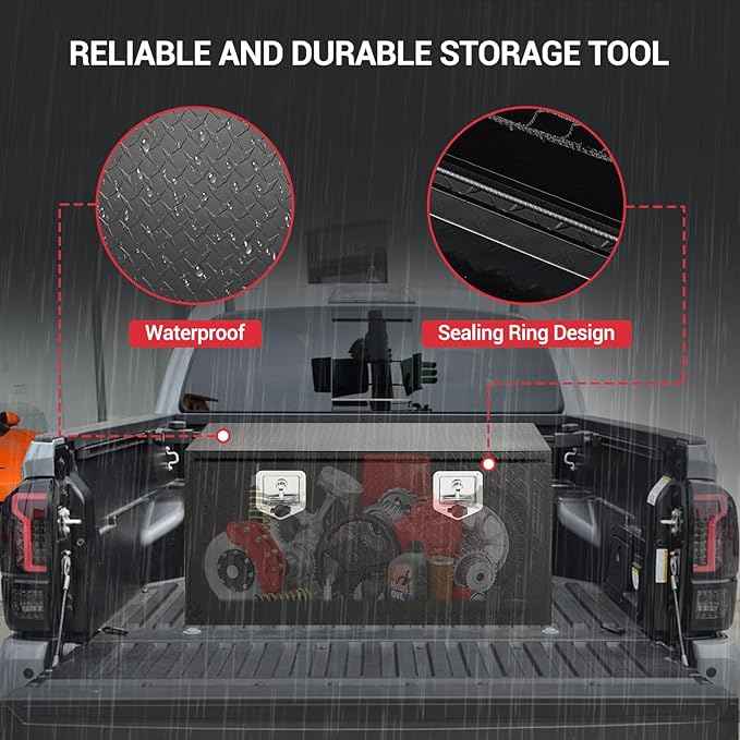 Underbody Truck Box,36 Inch Pickup Storage Box, Aluminum Diamond Plate Tool Boxes with Handle and Keys, Heavy Duty Waterproof Trailer Storage Box with T-Handle Latch for Truck, Van, Trailer, Black