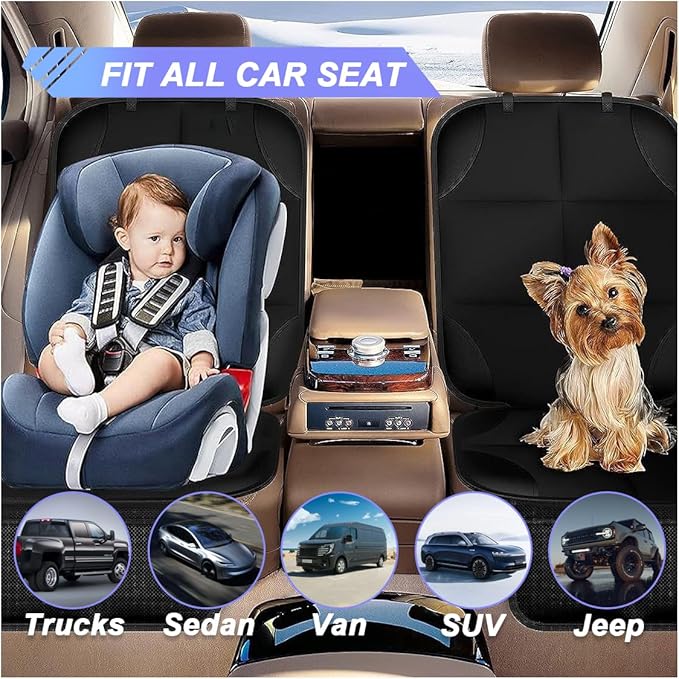 Baby Car Seat Protector for Child, Waterproof Baby Car Seats Cover with Non-Slip Backing, 600D Fabric Car Seat Mat with Thickest Padding & Mesh Pockets for Baby Pet (2PCS)