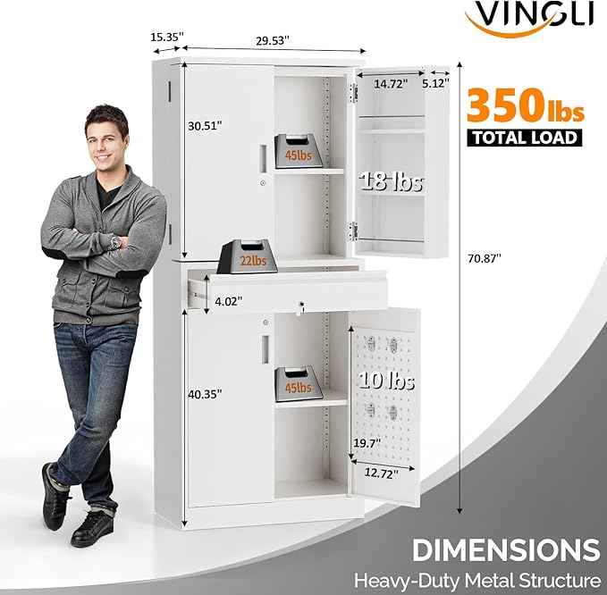 VINGLI Metal Storage Cabinet with 4 Doors & 1 Drawer, 71'' Steel Locking Cabinet with 6 Door Hanging Shelves and Adjustable Shelves for Garage, Warehouse, Home Kitchen, Dining Living Room (White)