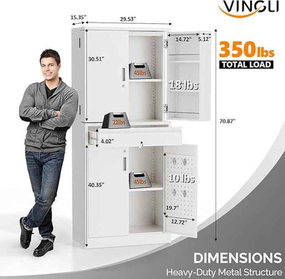 VINGLI Metal Storage Cabinet with 4 Doors & 1 Drawer, 71'' Steel Locking Cabinet with 6 Door Hanging Shelves and Adjustable Shelves for Garage, Warehouse, Home Kitchen, Dining Living Room (White)