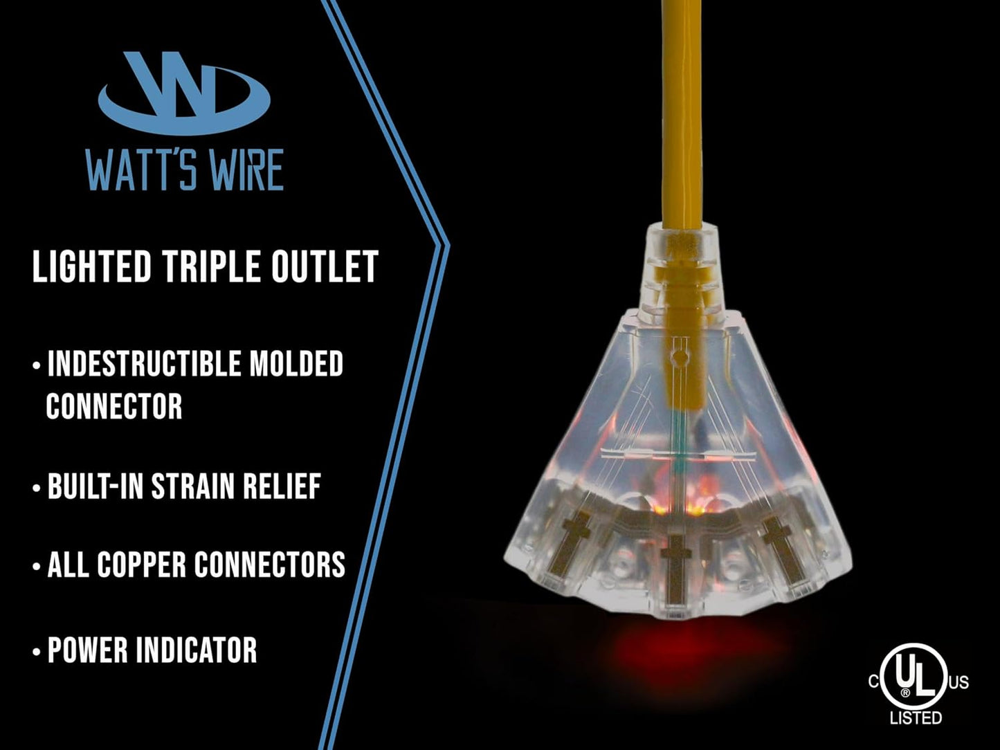 75 ft - 12 Gauge Heavy Duty Extension Cord - 3 Outlet Lighted SJTW - Indoor/Outdoor Extension_Cord by Watt's Wire - 75' 12-Gauge Grounded 15 Amp ExtensionCord