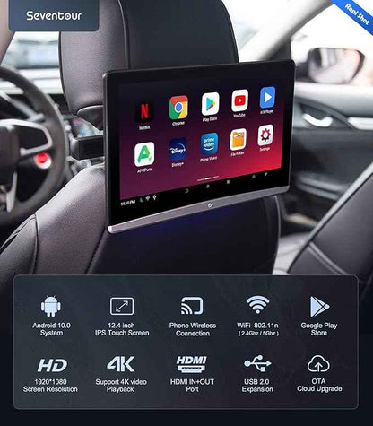 12.4 inch 4K Android Portable Car TV Headrest Monitor Tablet for Back seat, Support Phone Wireless Mirror Link Touch Screen,with WiFi/Bluetooth/HDMI/USB/FM/Airplay Video Player 2G ram+16G ROM(1*pcs)