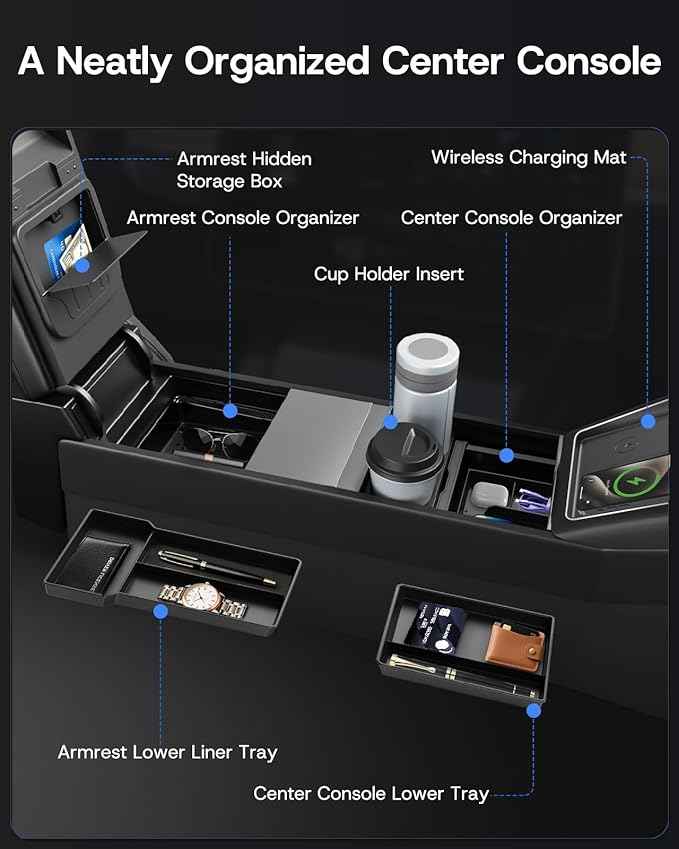 7PCS Center Console Organizer Tray for Tesla Model 3 Accessories 2024 2025 2026 [Premium PC + Silent Silicone Liner] Bottom Liners Armrest Privacy Hidden Storage Cup Holder Wireless Charging Pad