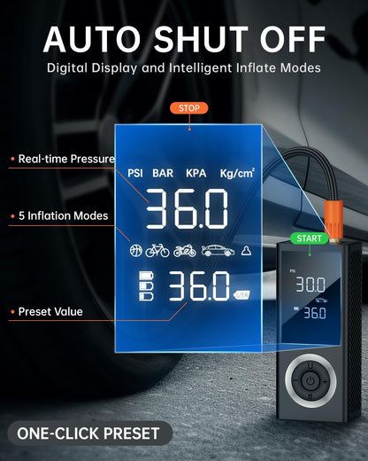 Tire Inflator Portable Air Compressor, 150 PSI Smart Air Pump for Car Tires with Digital Pressure Gauge, LED Light, 12V Car Power Adapter, Storage Box