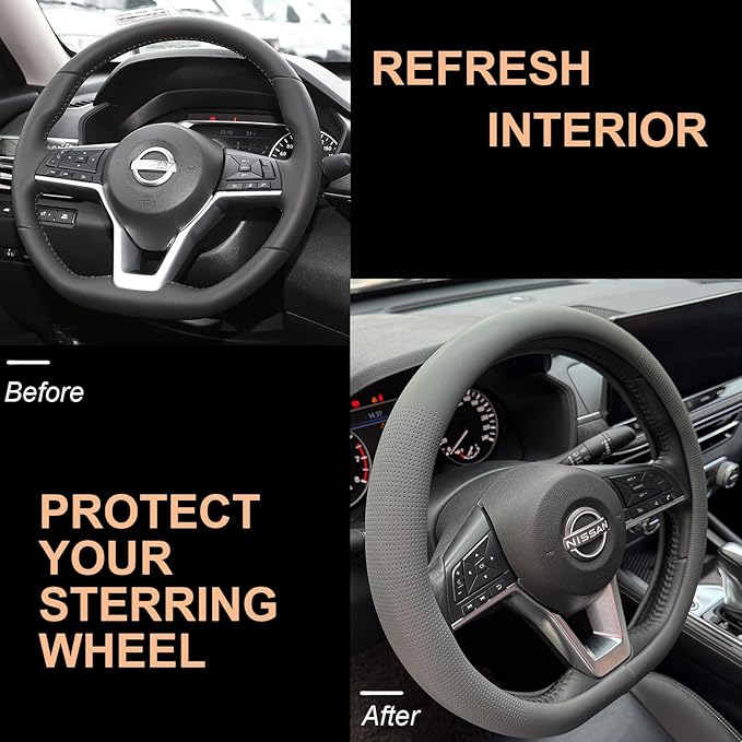 PINCTROT D Shaped Nappa Leather Steering Wheel Cover, Slim Fit No Bulk Design, One Piece Leather with Breathable Perforation, Fit Like Gloves, Flat Bottom 14.5-15 Inch(Nappa Dark Gray)