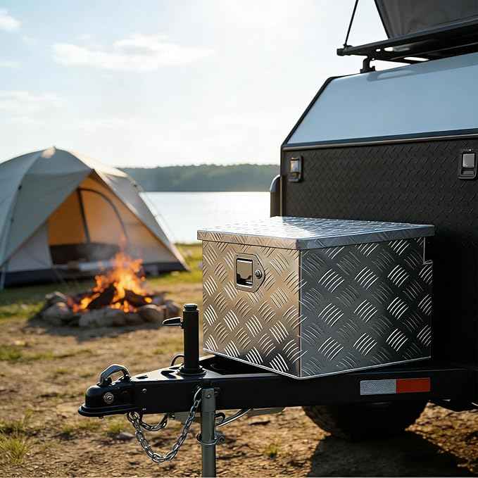 YESHMA 39" x 12" x 16.5" Trailer Tongue Tool Box Heavy Duty Aluminum with Latch and Keys Trailer Toolbox Organizer Truck Underbody Box Compatible with Pick Up Truck Bed RV Trailer ATV Silver