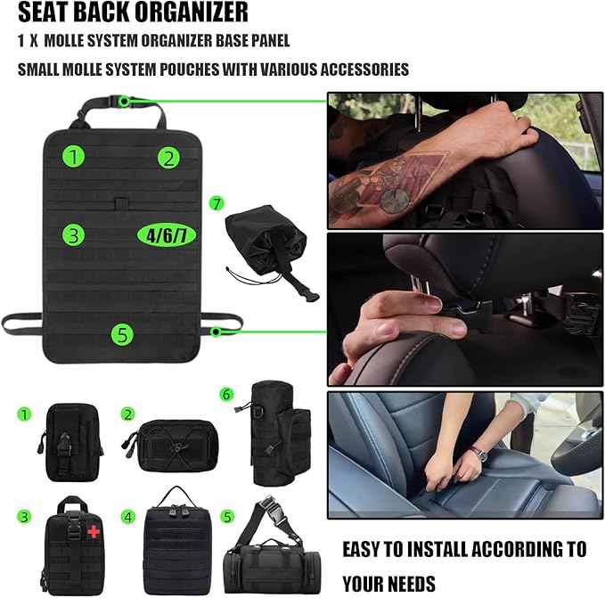 7 PACK Tactical Seat back organizer Truck organizer With 6 Detachable Pouches Universal For Car Truck Ford Jeep Military-Grade Heavier Panels With Multi-functional Packs (8 Pack Black)