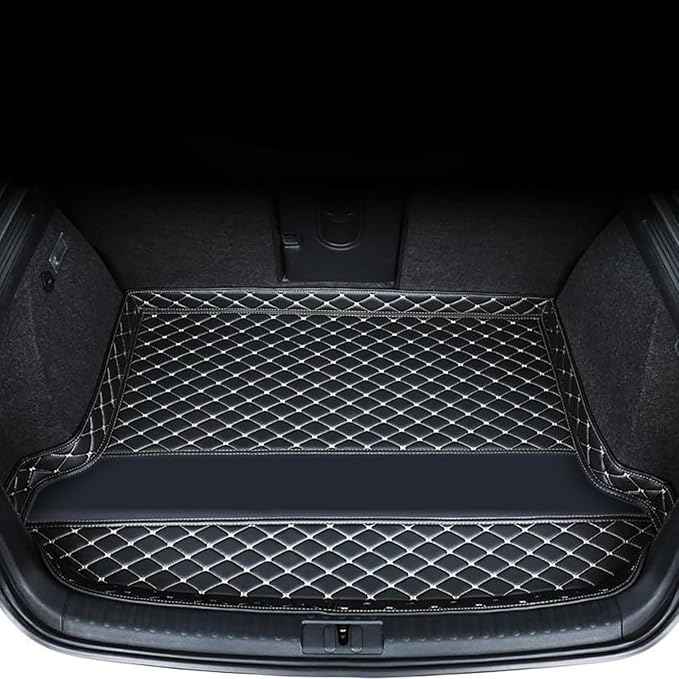 Car Trunk Mats Cargo Liners for 2026 Tesla Model Y Juniper 5-Seat, Custom Leather Rear Boot Floor Carpet, Storage Luggage Protection Pad Accessories with Raised Edges, B/Black-Beige