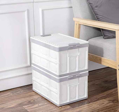 Collapsible Storage Bins with Lids 30L, Folding Plastic Stackable Utility Crates 2-Pack, Durable Containers for Home & Garage Organization - Oyster White