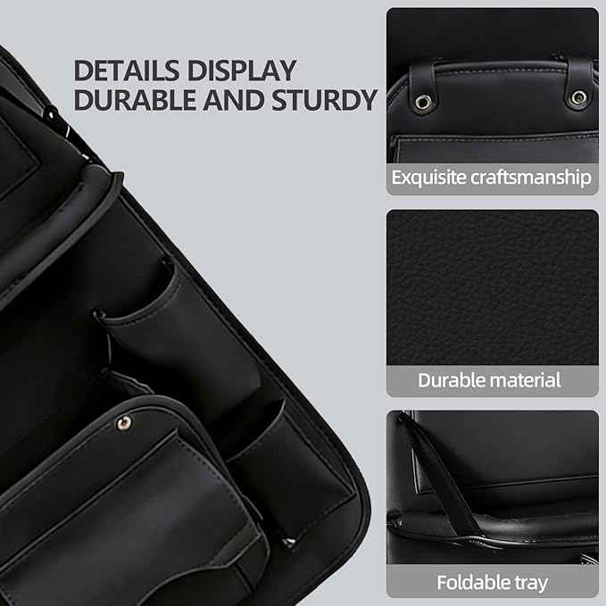 Car Seat Organizer, Multifunctional Backseat Protector Mat, Storage Bag and Tray Rack, Trash Storage (Suitable for Cars, Children, Back of Seats, and Rear Seats) (Black, Leather 1-Piece Set)