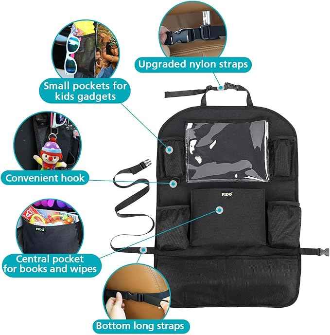 PIDO Car Seat Protector for Child Car Seat, Seat Back Organizer with Touch Screen Tablet Holder and 8 Pockets, Car Travel Accessories