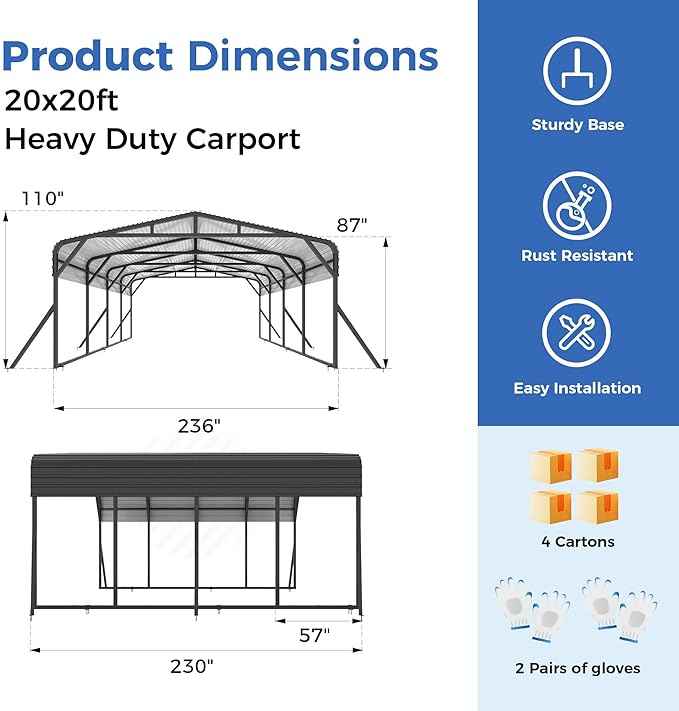 20’x20’ Carport Canopy Metal Carport Heavy Duty Car Port Galvanized Steel Roof, Reinforced Stable Triangle Frame Enhanced Base for Snowy Windy Carports Car Tent for Car,Pickup,RV,Tractor,Boat