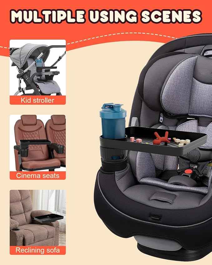 SEVEN SPARTA Car Seat Tray for Kids Toddler Travel with Soft Rubber Base, Rotatable and Removable Cup Holder Snack Tray for Food Color and Play for Family Road Trip Essentials (2, Standard Base)
