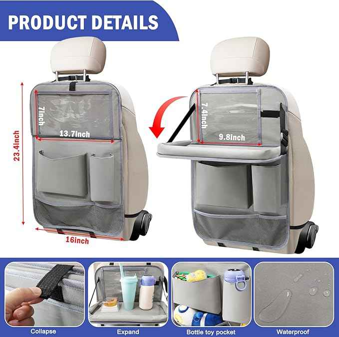 Car Backseat Organizer with Tablet Holder,6 Storage Pockets Car Storage Organizer with Foldable Food Tray,Kick Mats Backseat Protector Travel Accessories (Grey)