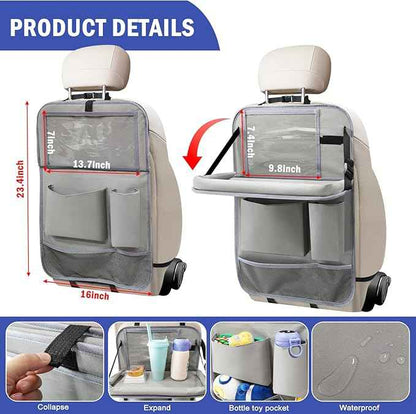 Car Backseat Organizer with Tablet Holder,6 Storage Pockets Car Storage Organizer with Foldable Food Tray,Kick Mats Backseat Protector Travel Accessories (Grey)